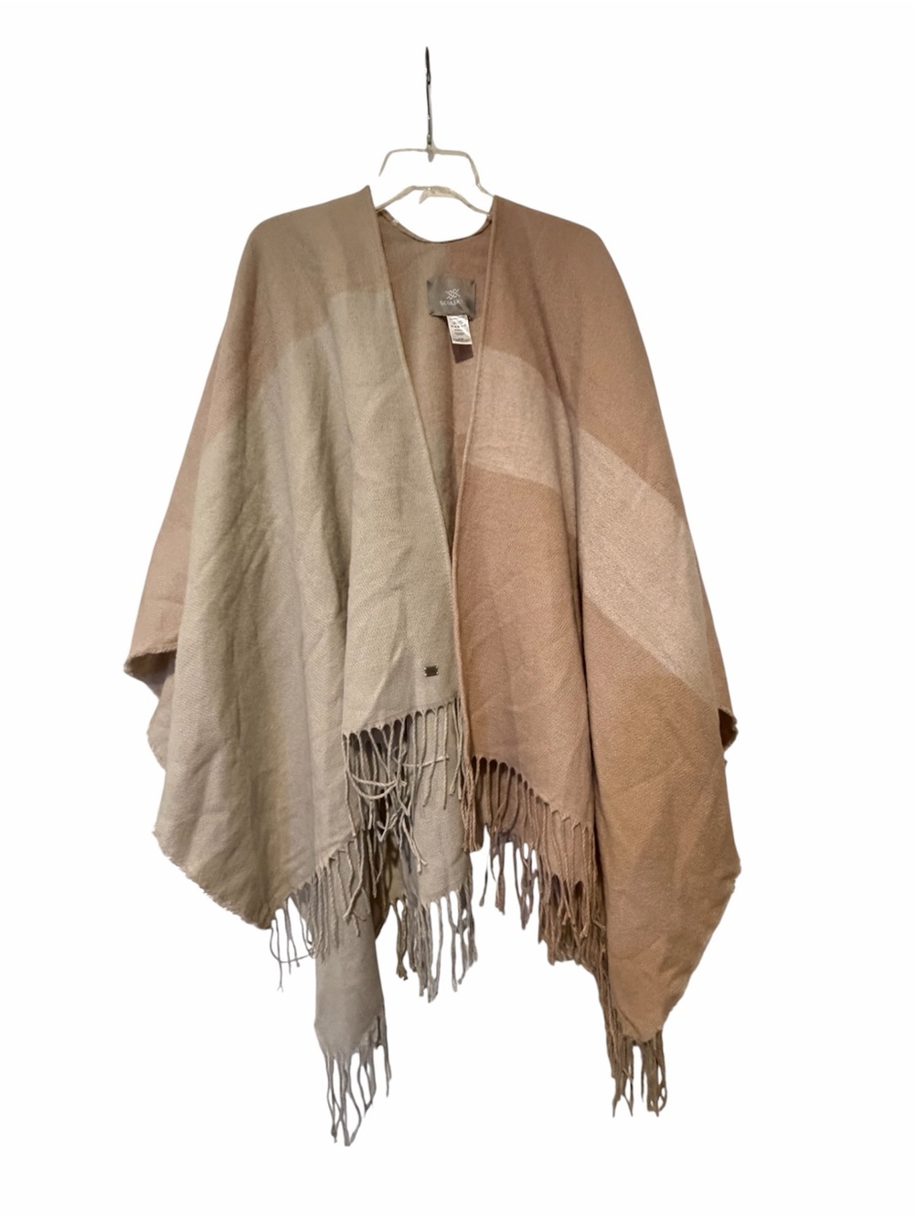 SOIA & KYO Mirel Woven Colorblock Neutral Blush Fringe Scarfigan Cape Shawl OS